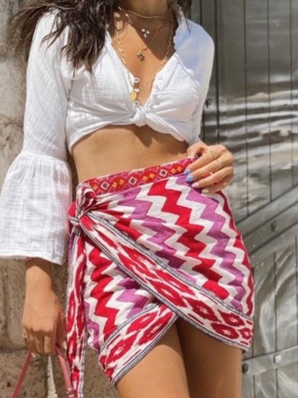 Zara Pink & Red Zigzag Wrap Mini Skirt